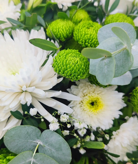Detalle de flores frescas verdes y blancas del ramo FLP – Entrega en Madrid