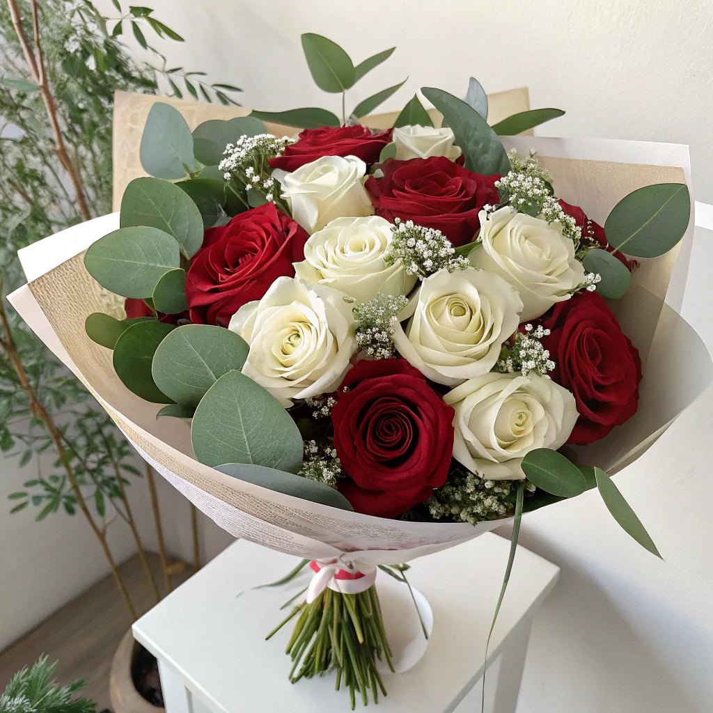 RAMO DE ROSAS ROJAS Y BLANCAS | 12 ROSAS