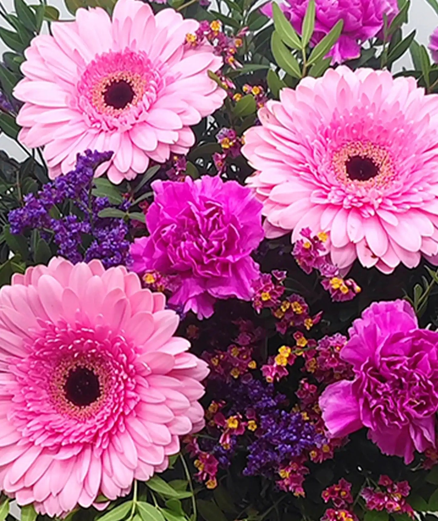 Ramo de flores con gerberas, claveles y siempre vivas