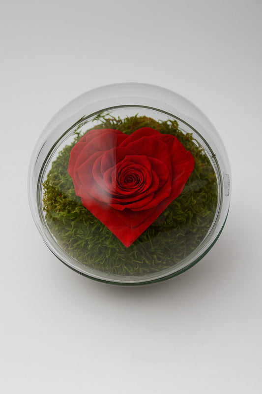AMARHEART: Vista superior de rosa eterna roja con forma de corazón sobre musgo liofilizado en esfera de cristal.