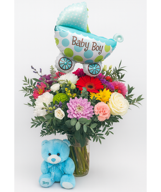 Ramo de flores para nacimiento de niño con peluche azul y globo Baby Boy en Madrid