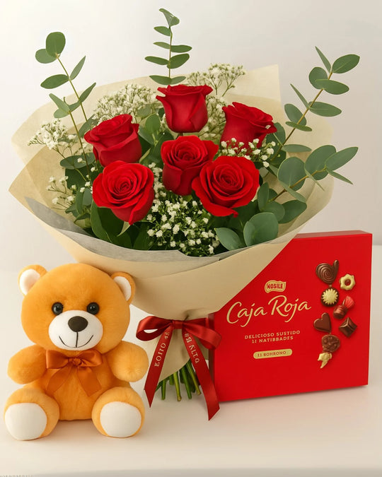 Ramo romántico con 6 rosas rojas, bombones y peluche en Flores La Paz