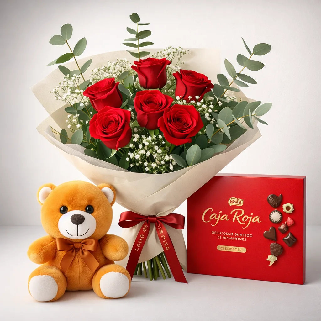 Ramo romántico con 6 rosas rojas, bombones y peluche en Flores La Paz