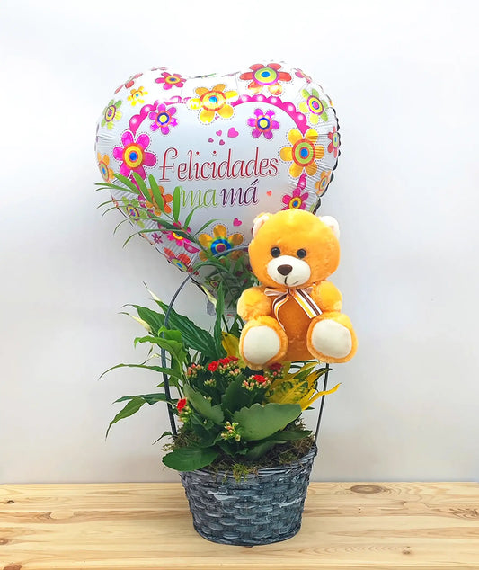 Cesta de plantas pequeña con globo de felicidades mamá y un peluche marrón