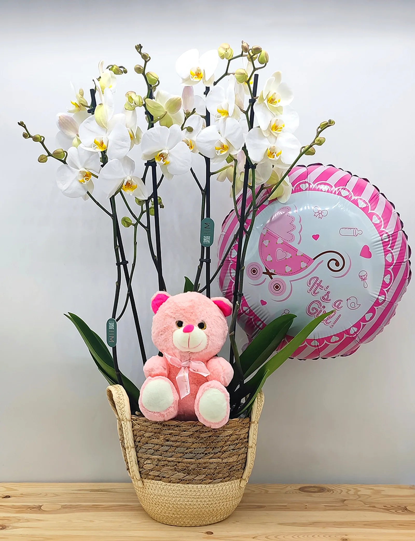 2 Orquídeas de 3 varas en una cesta de mimbre con peluche y globo para nacimiento niña