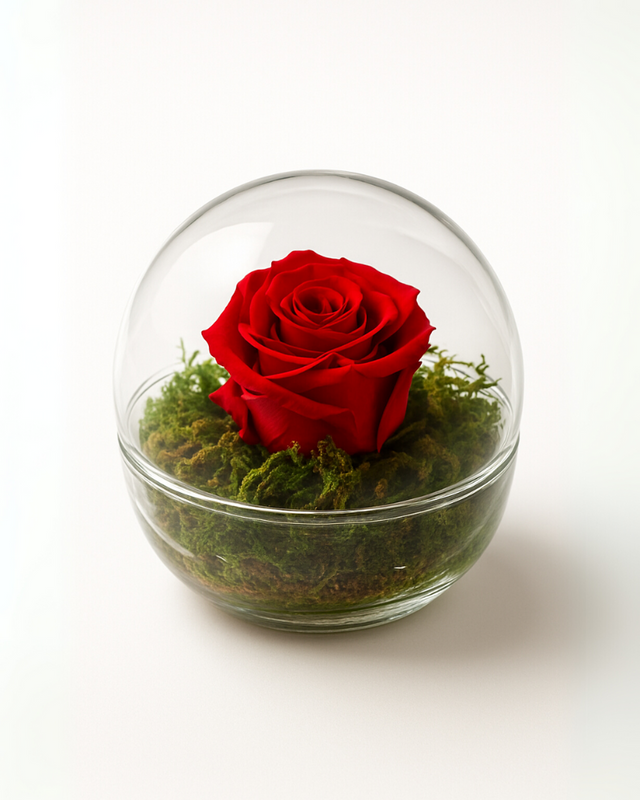 Rosa eterna roja en cúpula de cristal Rose Bubble de 12x12 cm, preservada mediante liofilización, ideal como regalo duradero y decorativo