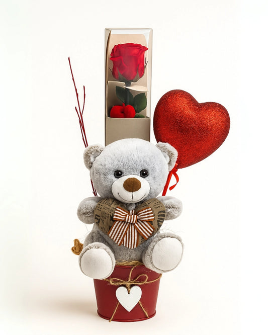 Rosa Eterna con Peluche y Pick de Corazón en Cubito de Metal - Envío en Madrid