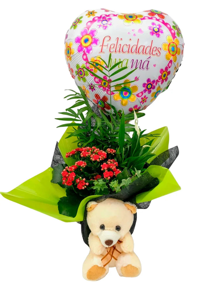 conjunto de plantas decoradas y acompañadas de un globo de felicidades mama y un peluche