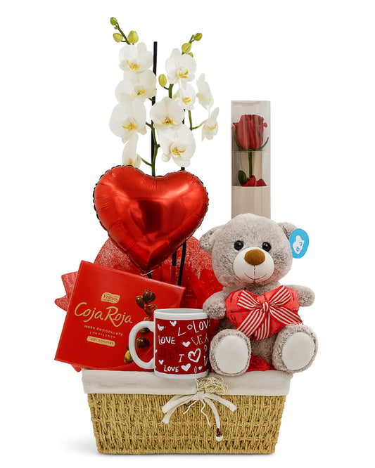AMORA | Set romántico con orquídea, peluche, bombones y rosa eterna