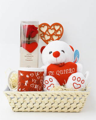 AMORYA | Cesta Romántica con Rosa Eterna, Peluche y Taza
