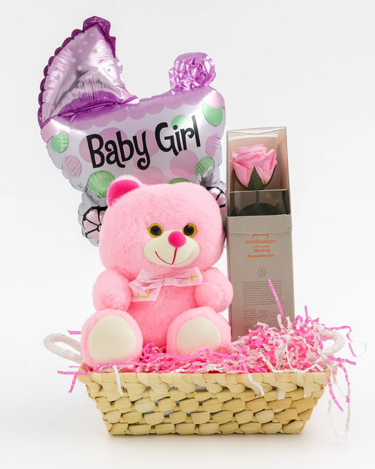Cesta de nacimiento para niña con osito rosa, rosa eterna y globo Baby Girl – Flores La Paz Madrid