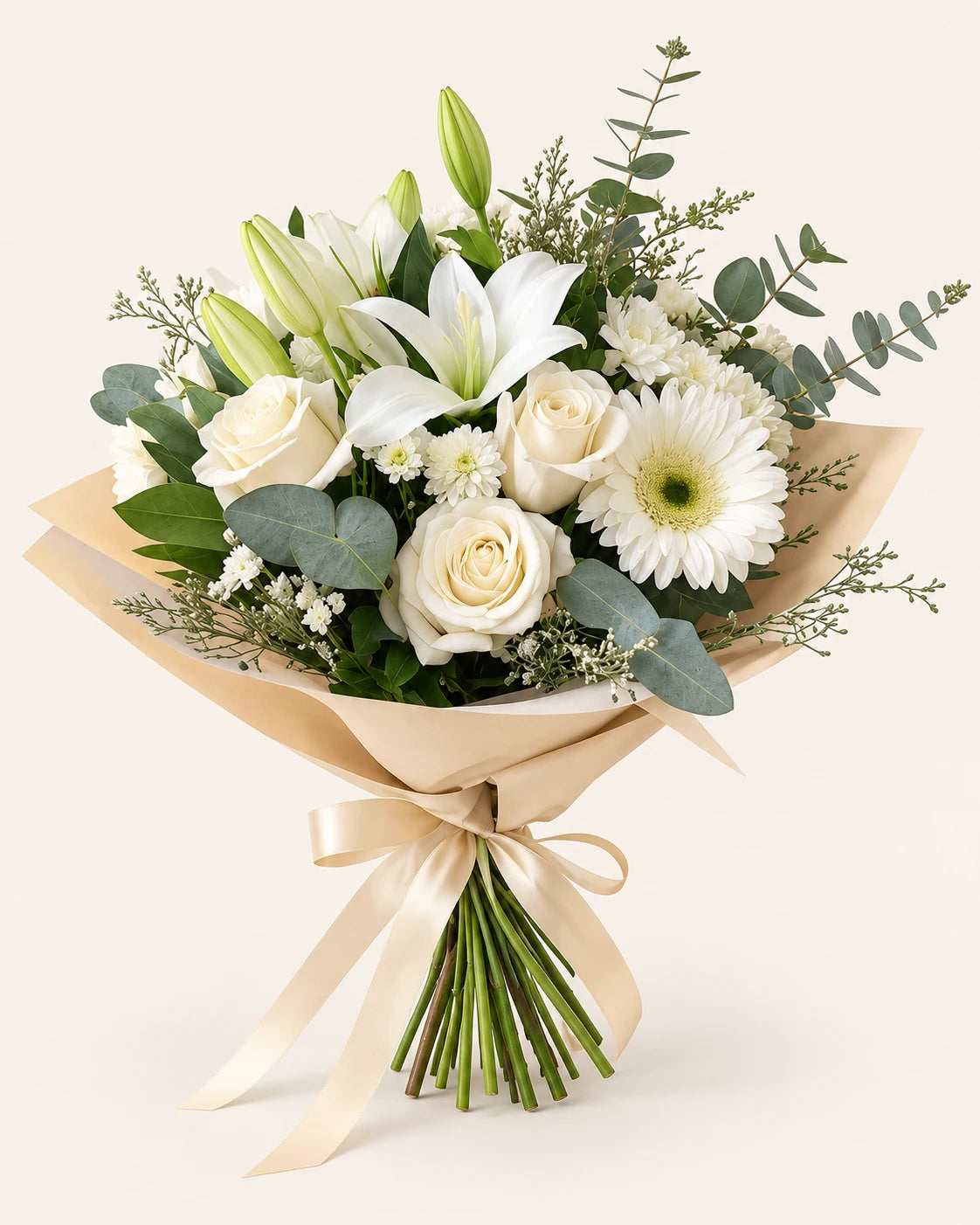 FREYA | RAMO DE LIRIOS, ROSAS, GERBERAS BLANCAS