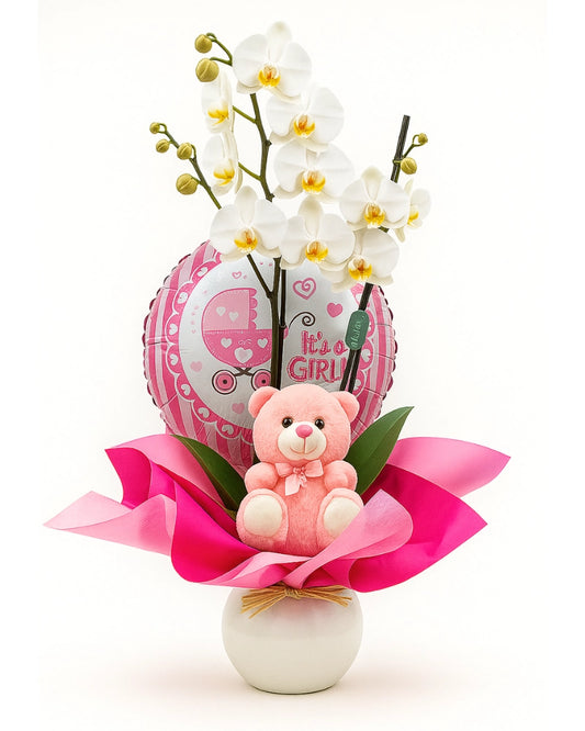 Orquídea blanca con globo rosa y peluche para regalo de nacimiento niña