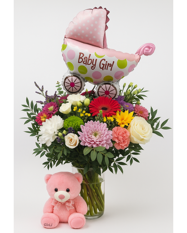 Ramo de flores para nacimiento de niña con peluche rosa y globo Baby Girl en Madrid