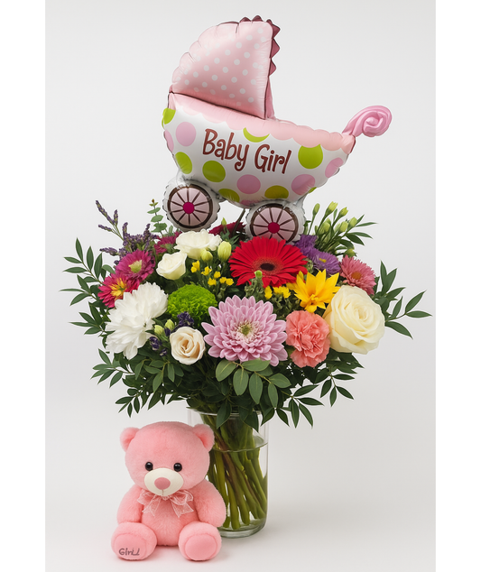 Ramo de flores para nacimiento de niña con peluche rosa y globo Baby Girl en Madrid