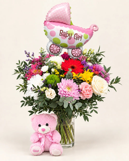 Ramo de flores para nacimiento de niña con peluche rosa y globo Baby Girl en Madrid