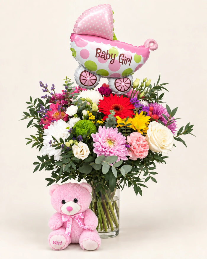 Ramo de flores para nacimiento de niña con peluche rosa y globo Baby Girl en Madrid