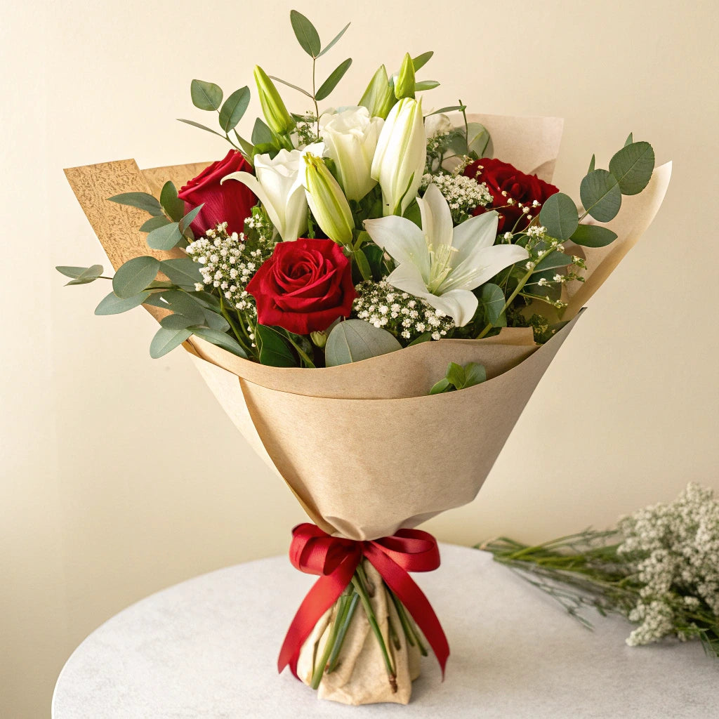 Detalle floral de rosas y lirios en tonos blanco y rojo – Floristería Madrid