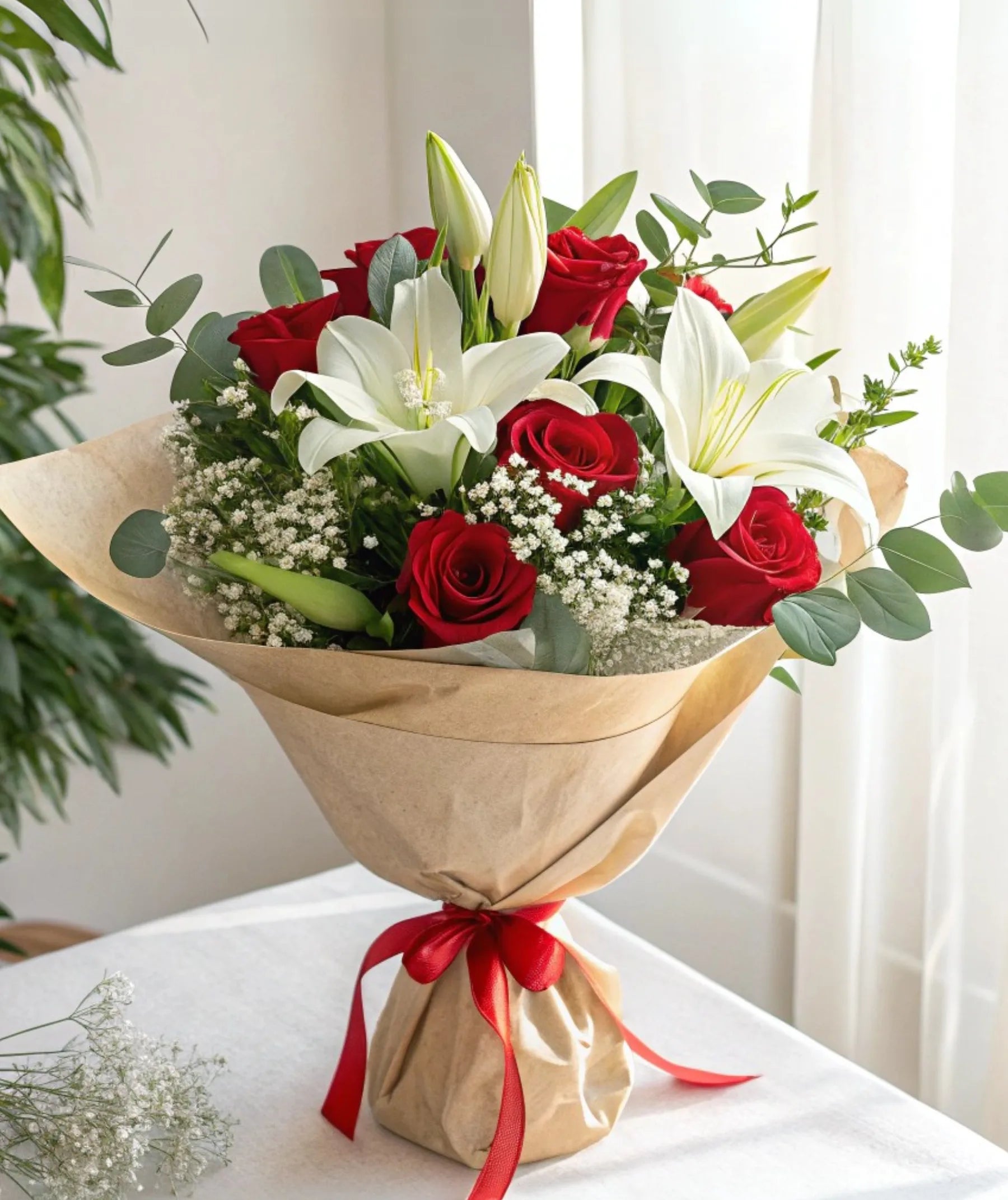 Ramo de rosas rojas y lirios blancos Saphyra – Flores La Paz